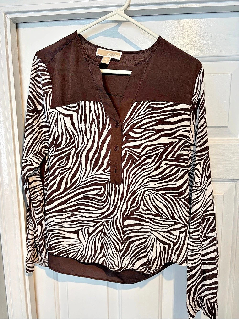 Michael Kors Animal Print Blouse in Brown & White Size Medium Like New
